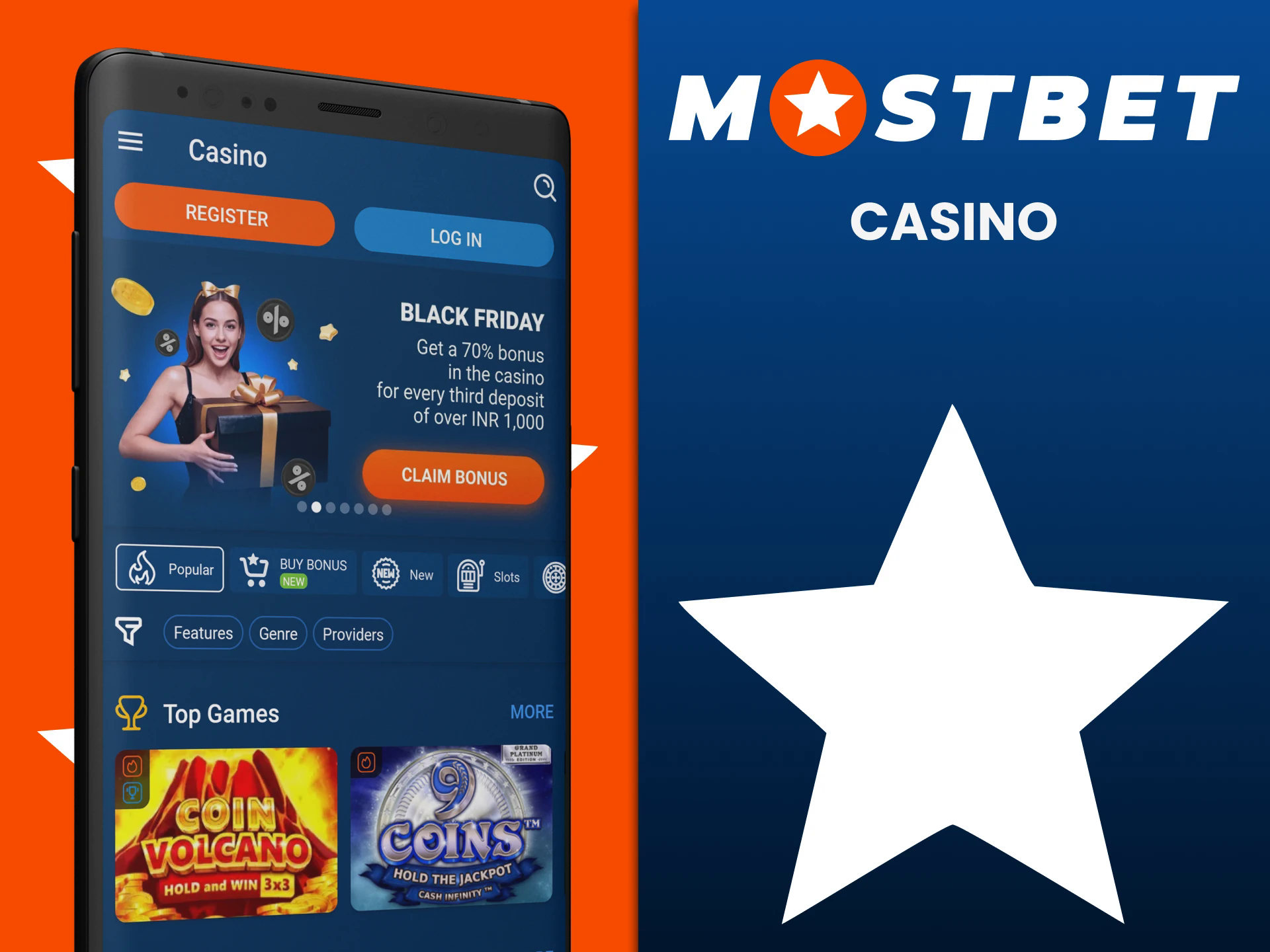 Play casino in the Mostbet app.