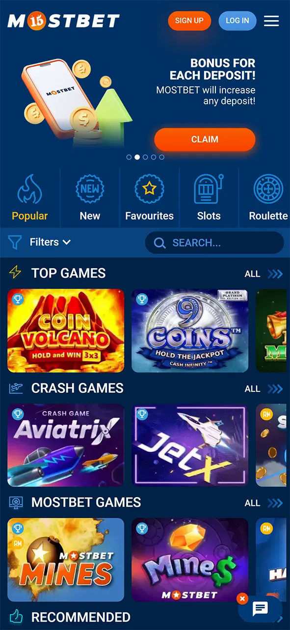 The casino section of the Mostbet website.