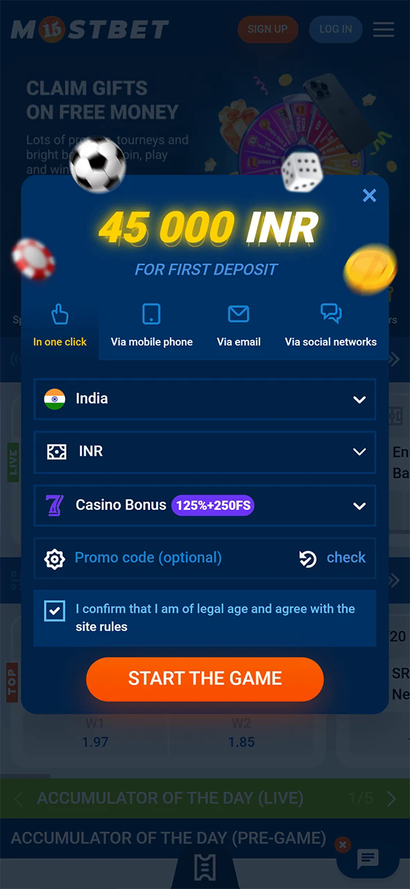 Mostbet registration section.