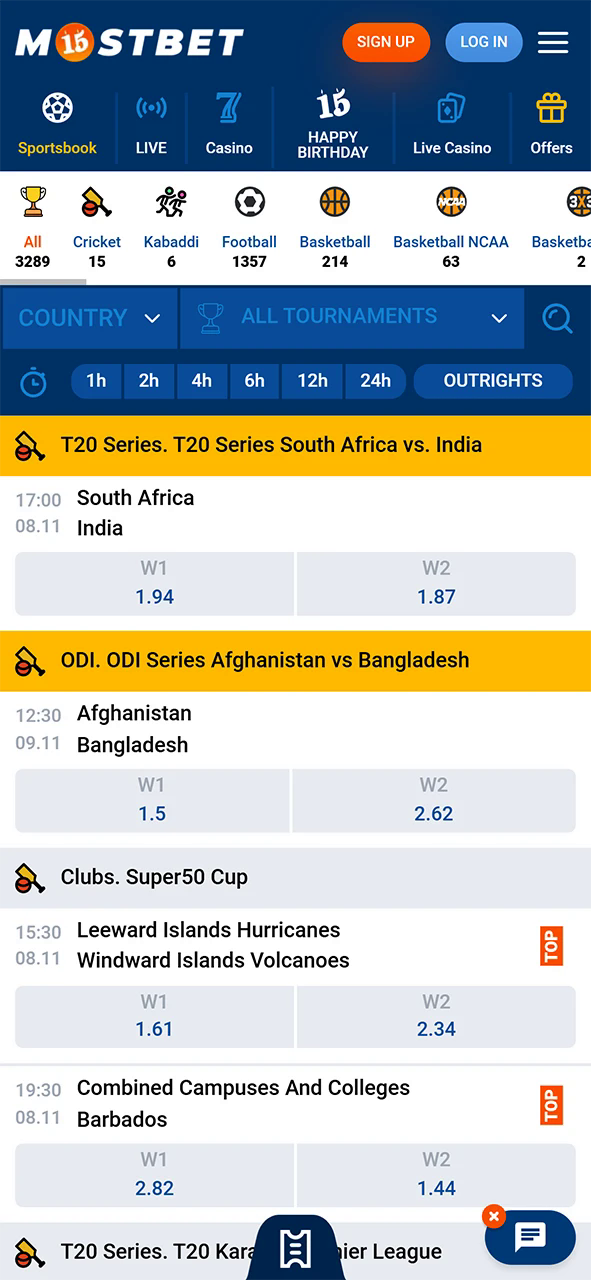 The sports betting section of the Mostbet website.