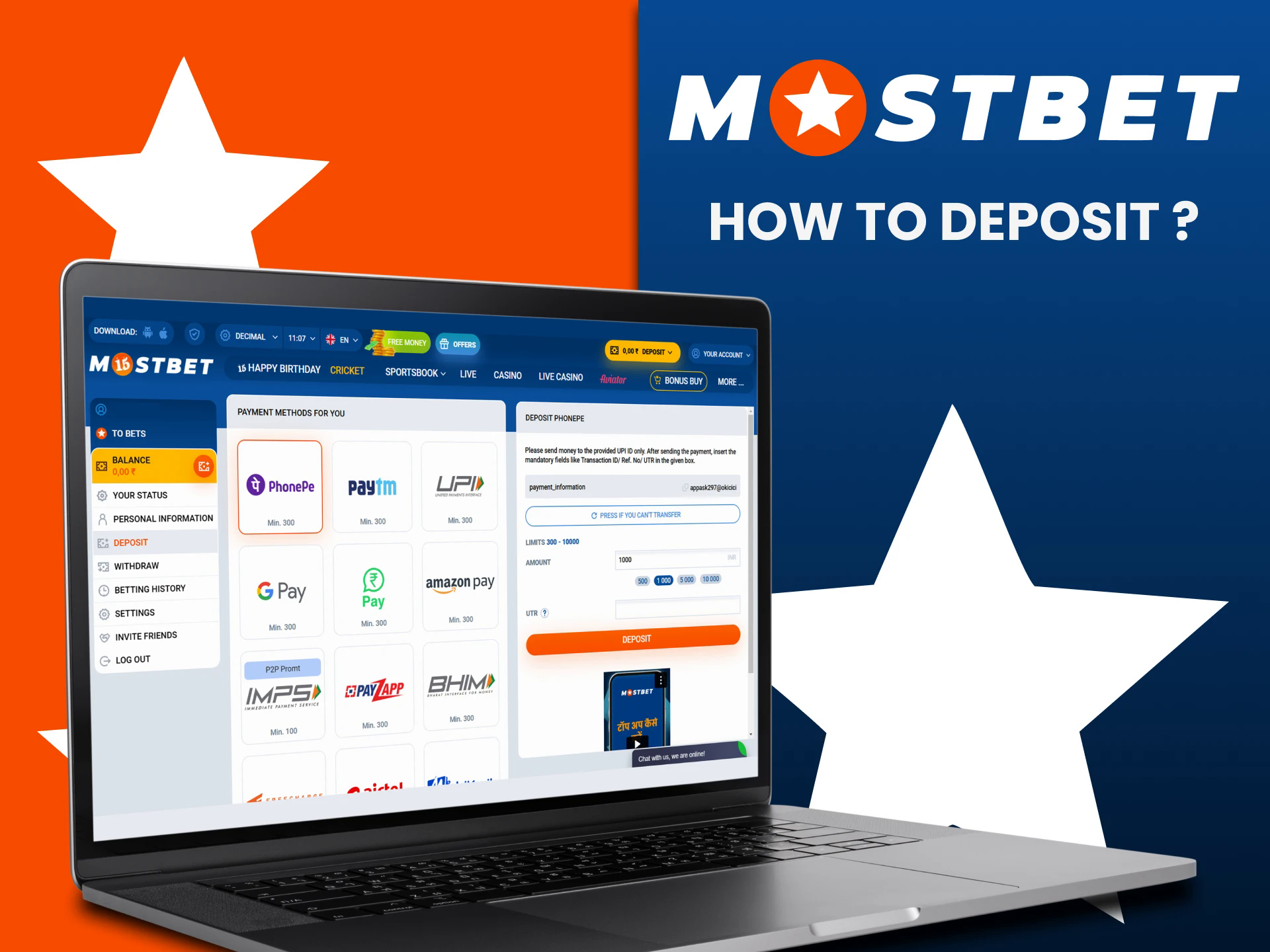 Top up your deposit on the Mostbet website.