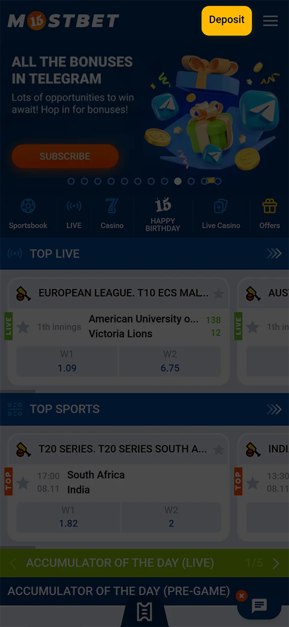 Go to the deposit section at Mostbet.