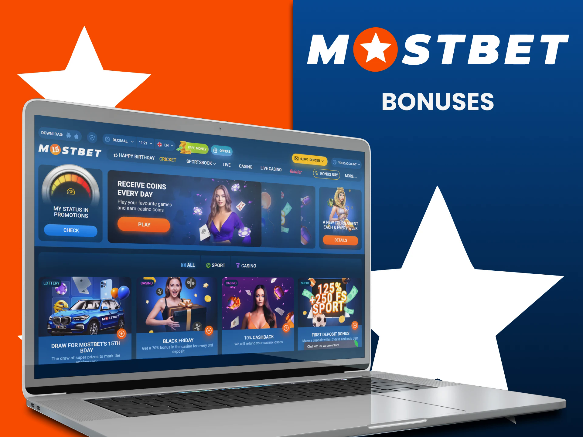 Get lots of bonuses from Mostbet.