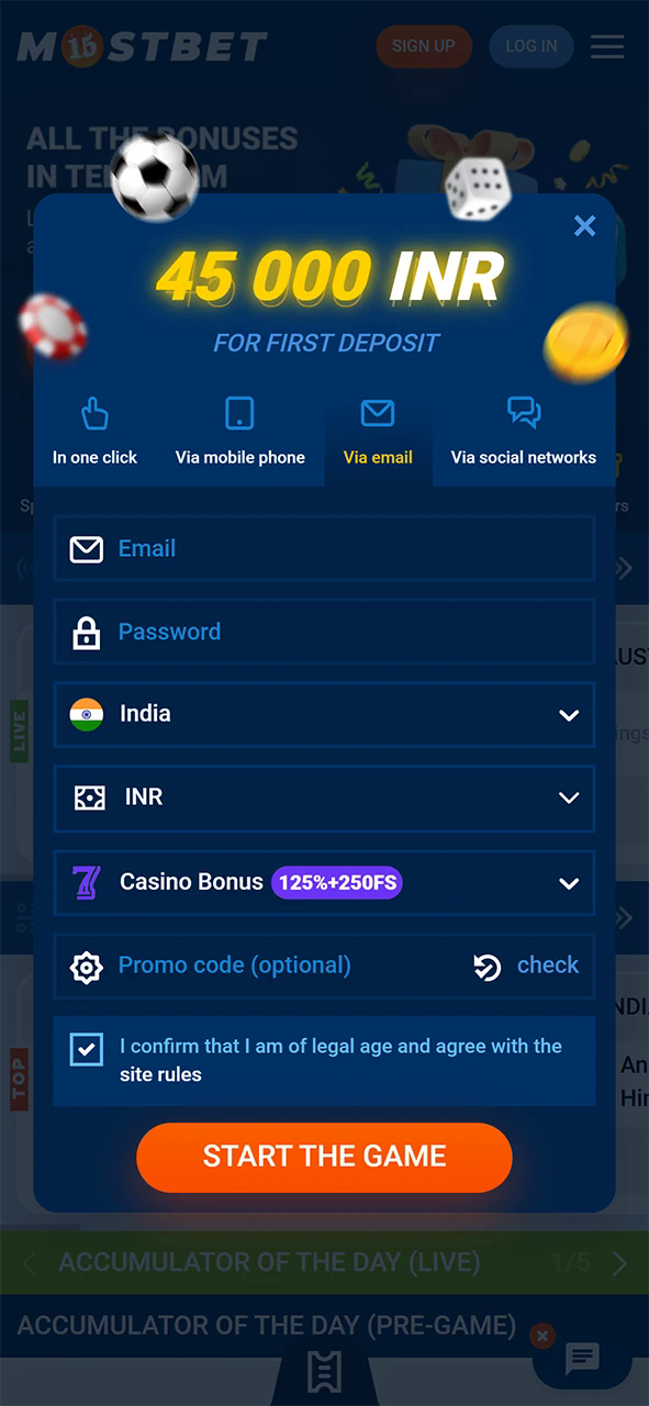 Fill in the required fields to register at Mostbet.