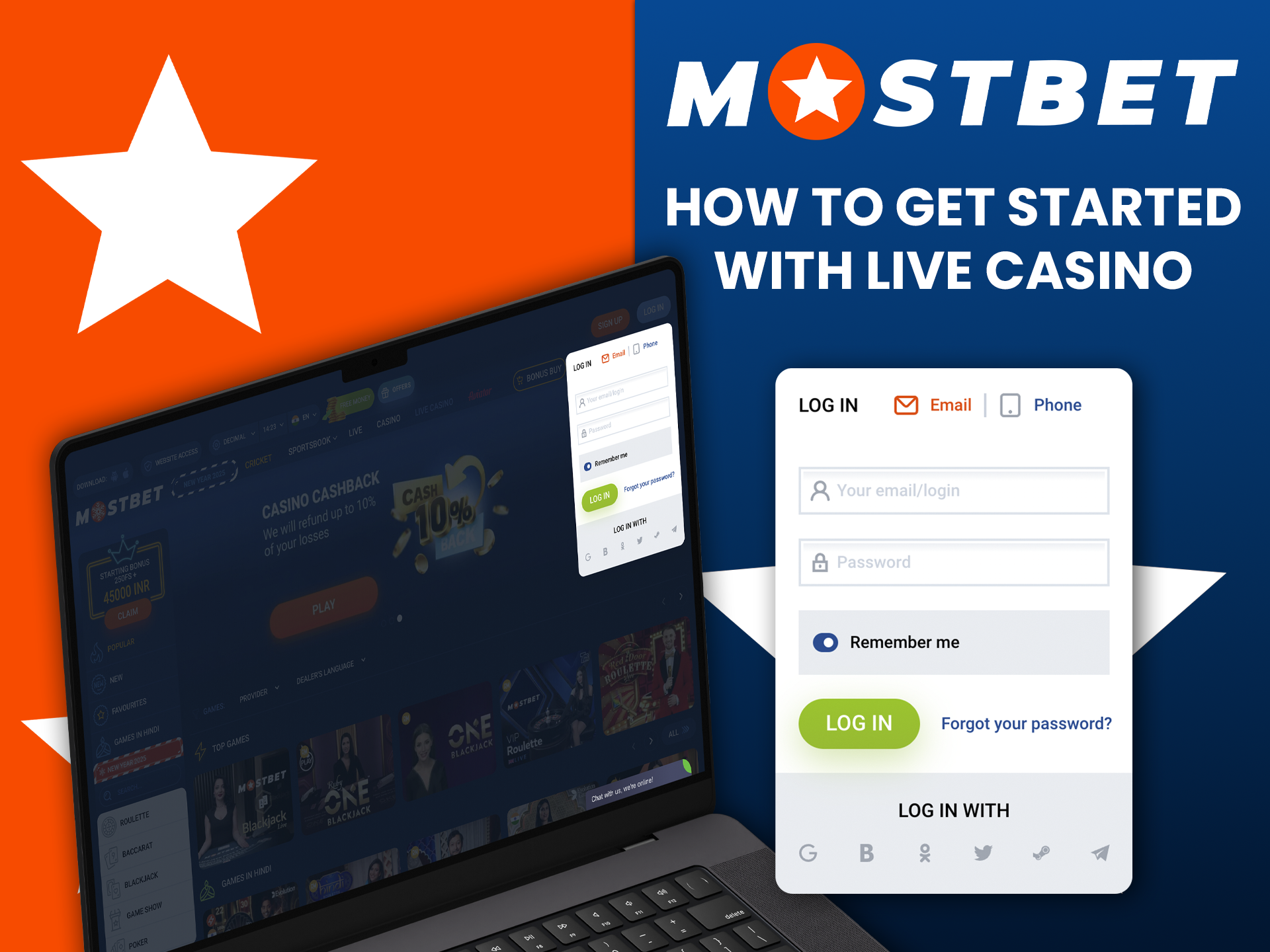 Start your journey in the world of gambling by logging into your account at Mostbet online casino.