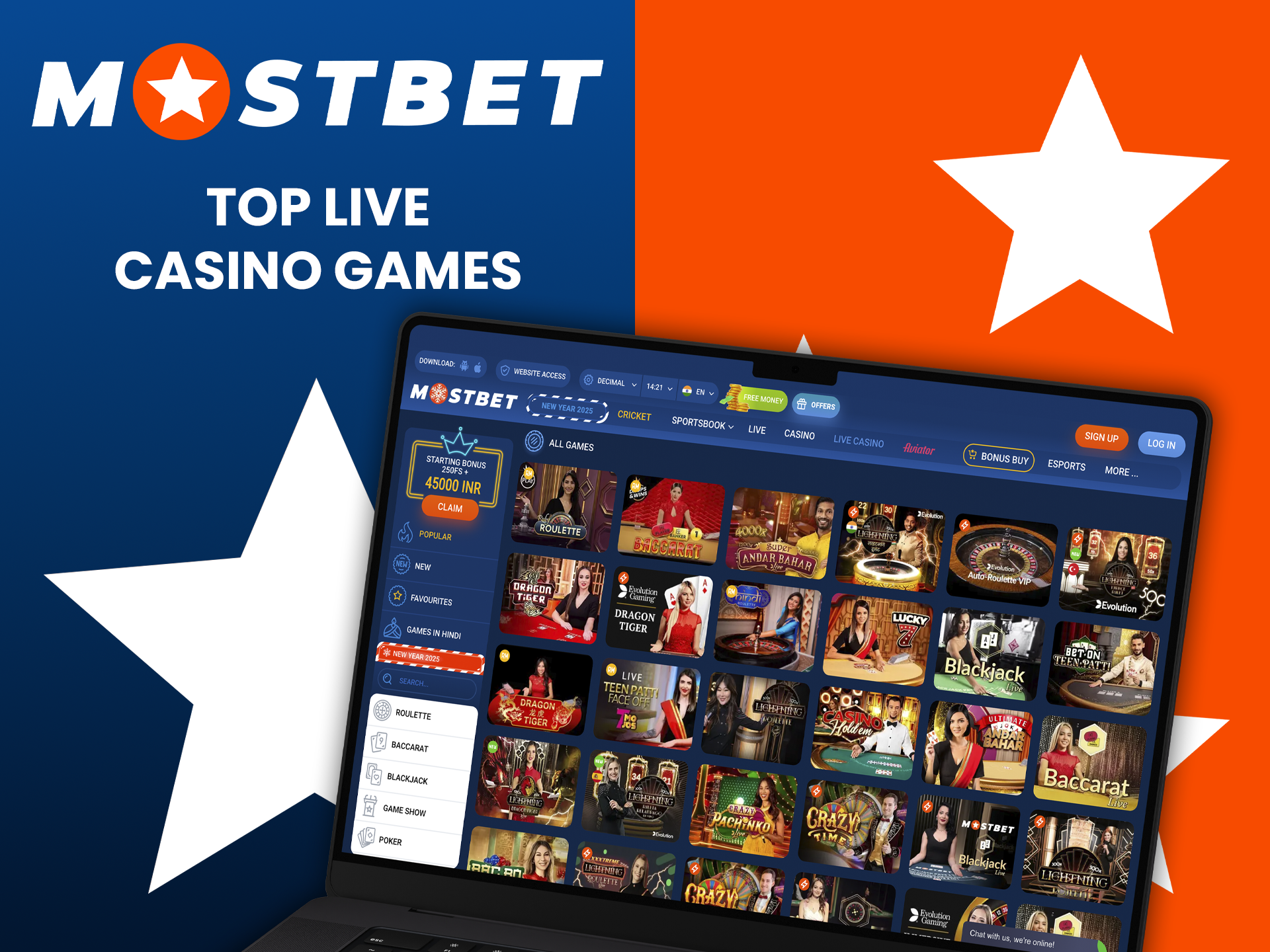 Explore the available games with dealers at Mostbet Casino.
