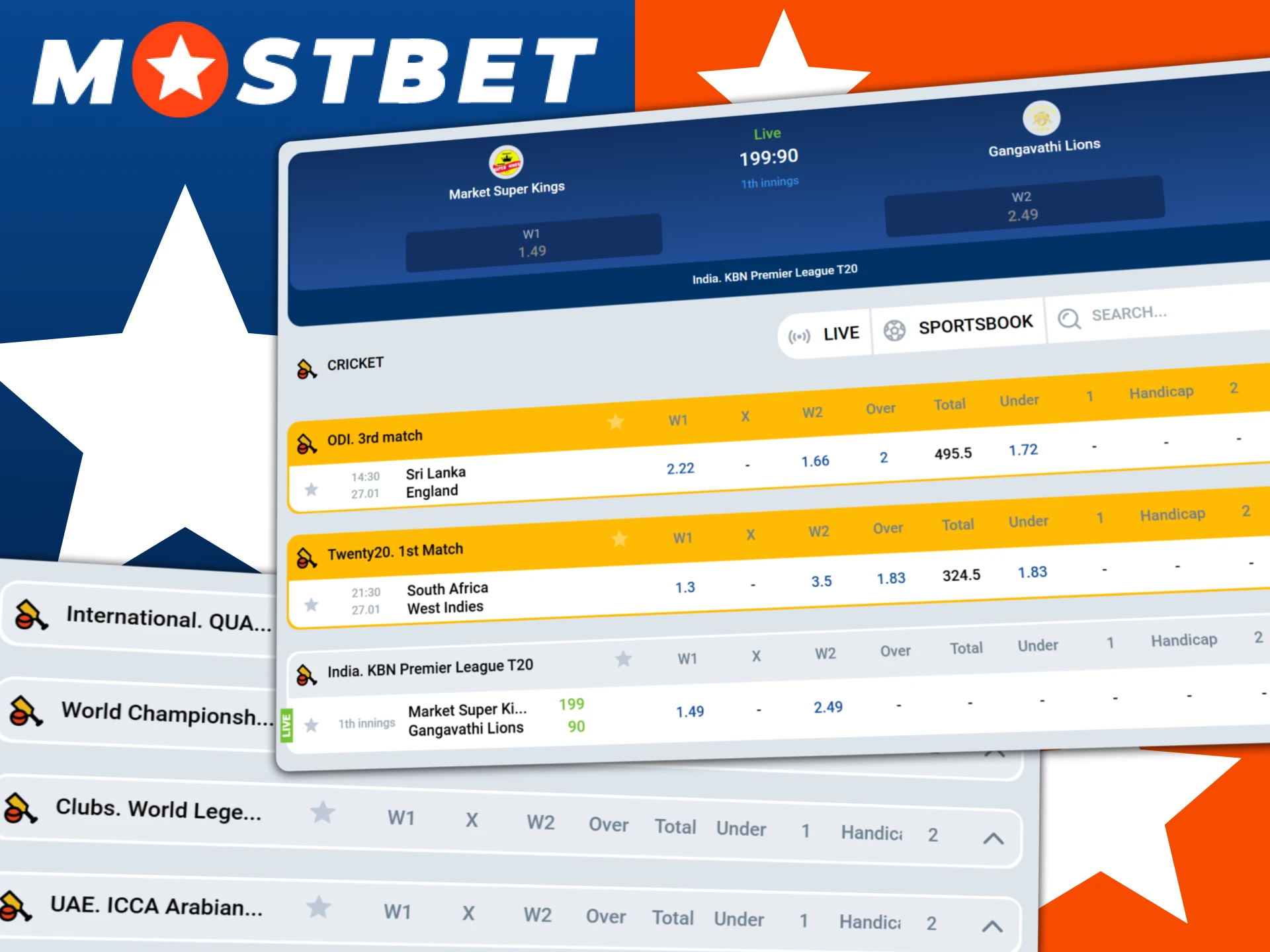 Place your bets on major cricket tournaments via Mostbet India.