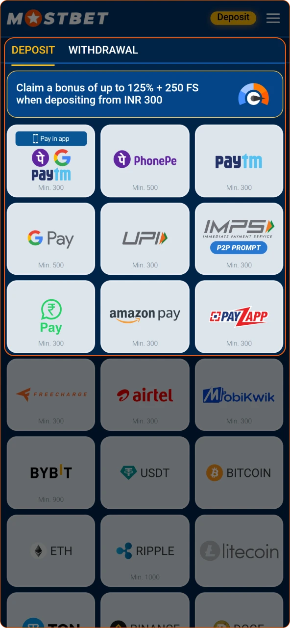 Deposit funds into your account to begin betting on Mostbet India.