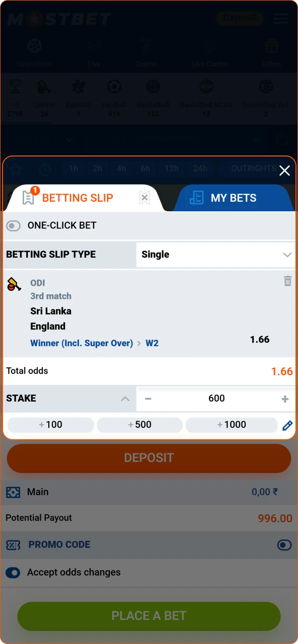 Enter your desired stake amount on the Mostbet India bet slip.