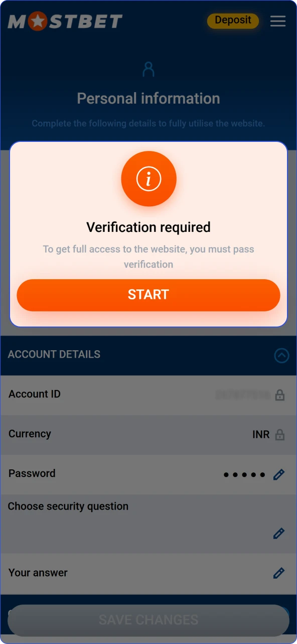 Open your profile settings to start the Mostbet India verification.