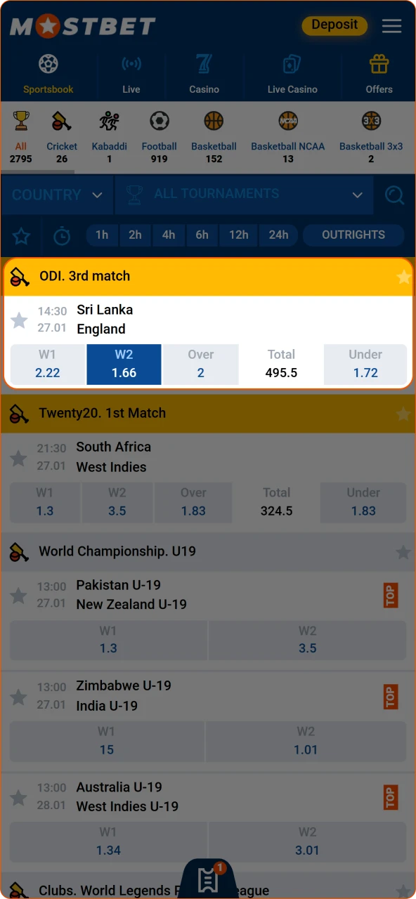 Pick a match from the extensive sportsbook offered by Mostbet India.
