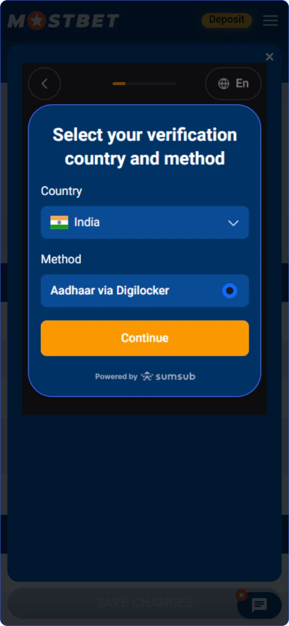 Select your verification country and method to complete your Mostbet India registration.