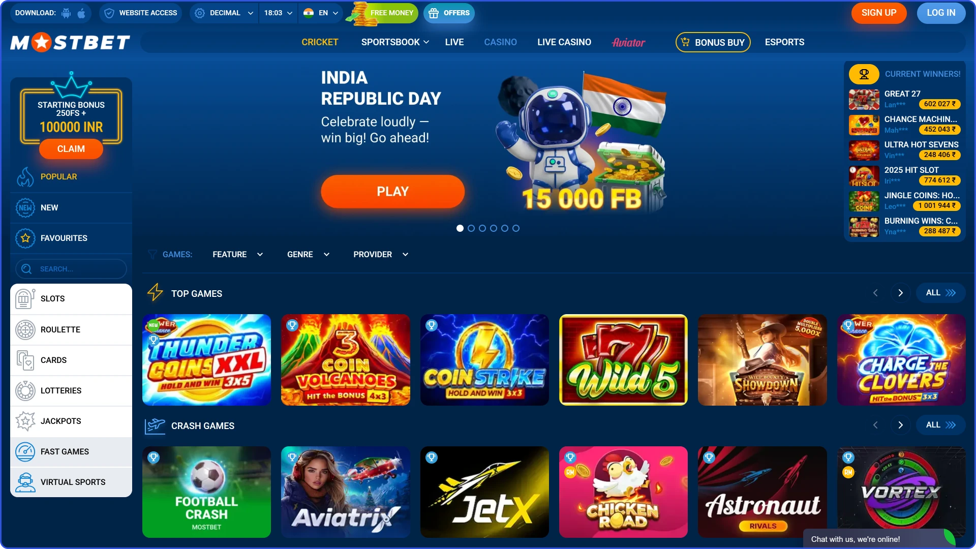 Browse the Mostbet India casino interface showcasing popular slots and live games.