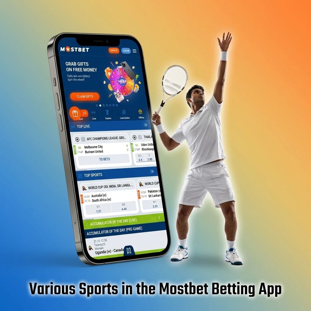 Mostbet betting app displaying various sports and eSports options including cricket, football, kabaddi, and more for Indian players